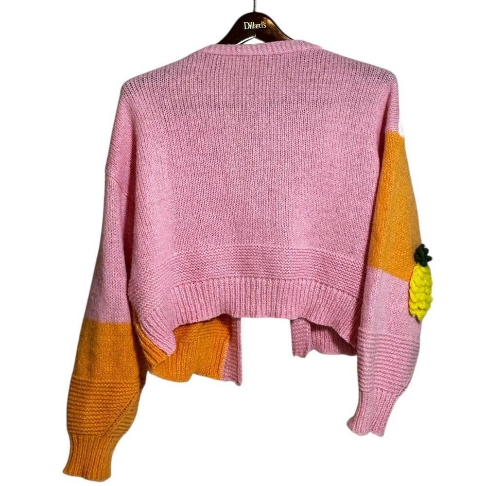 Women Open Knit Sweater Cardigan Medium Pink Orange Colorblock Fruit Crochet - Picture 2 of 9